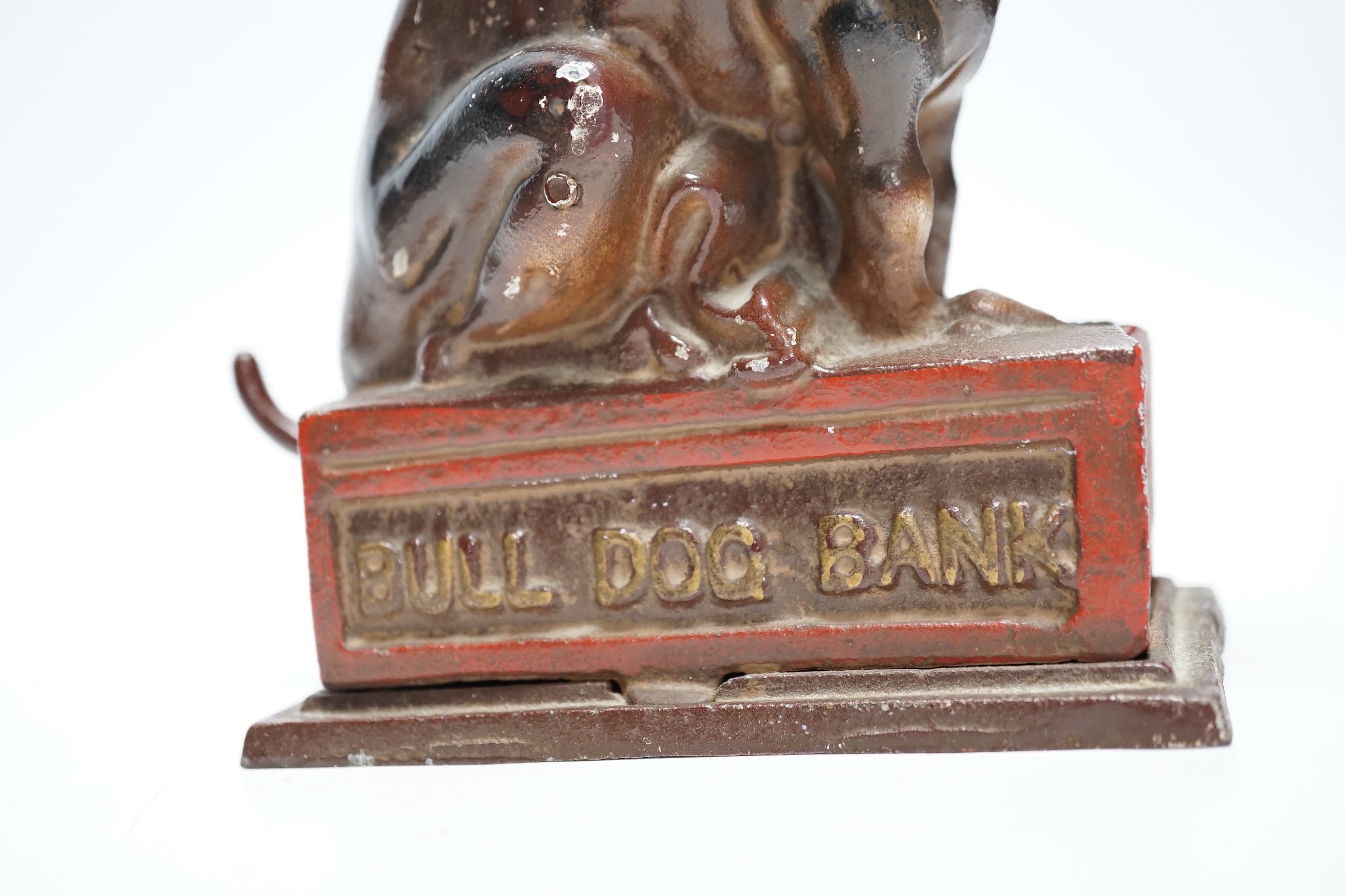 A cast iron Bulldog money bank, 17.5cm